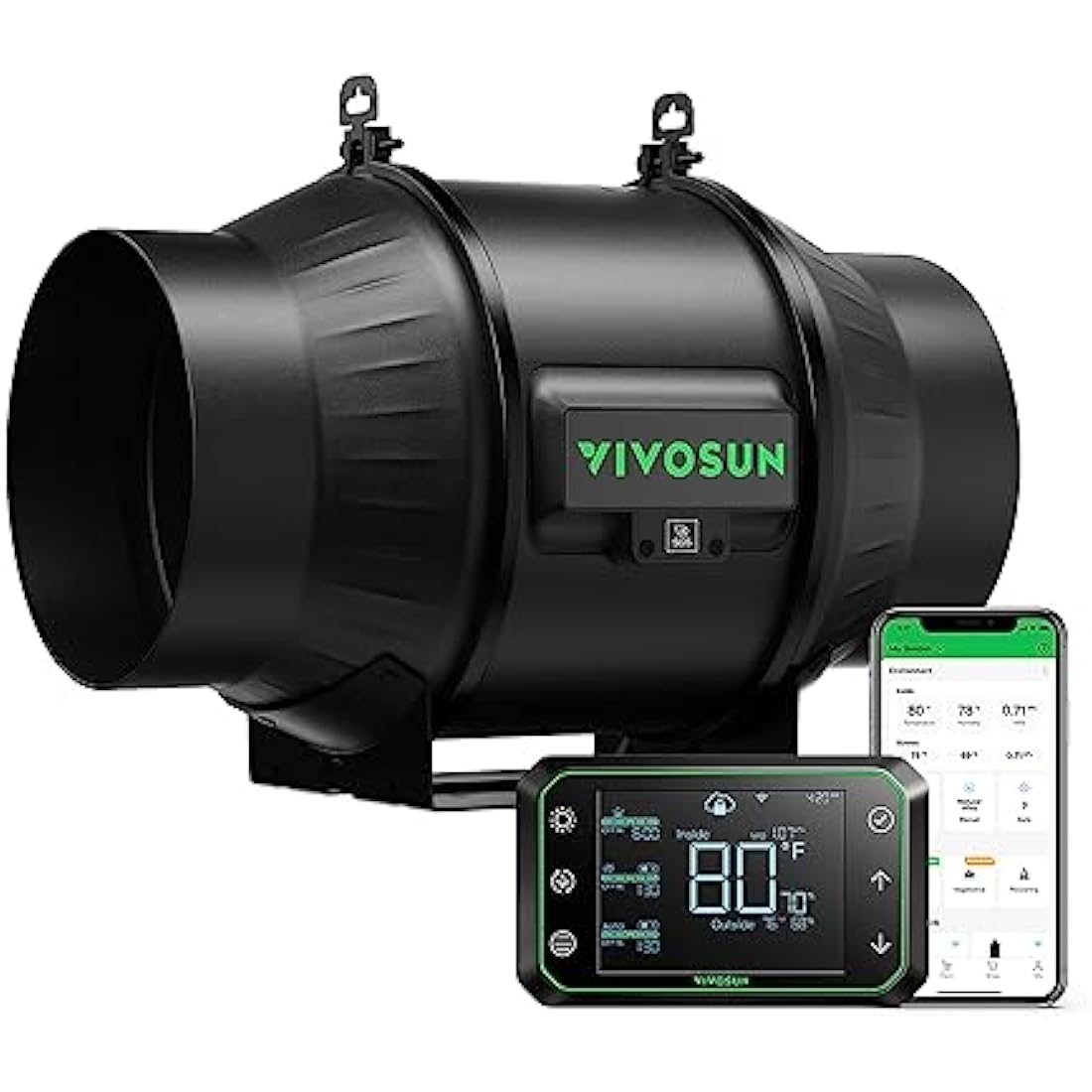 VIVOSUN Inline Duct Fan 150 mm Quiet Extractor Fan 693 m³/h with EC Motor and GrowHub E42A WLAN Controller AeroZesh T6 Fan for Grow Tents and Hydroponics