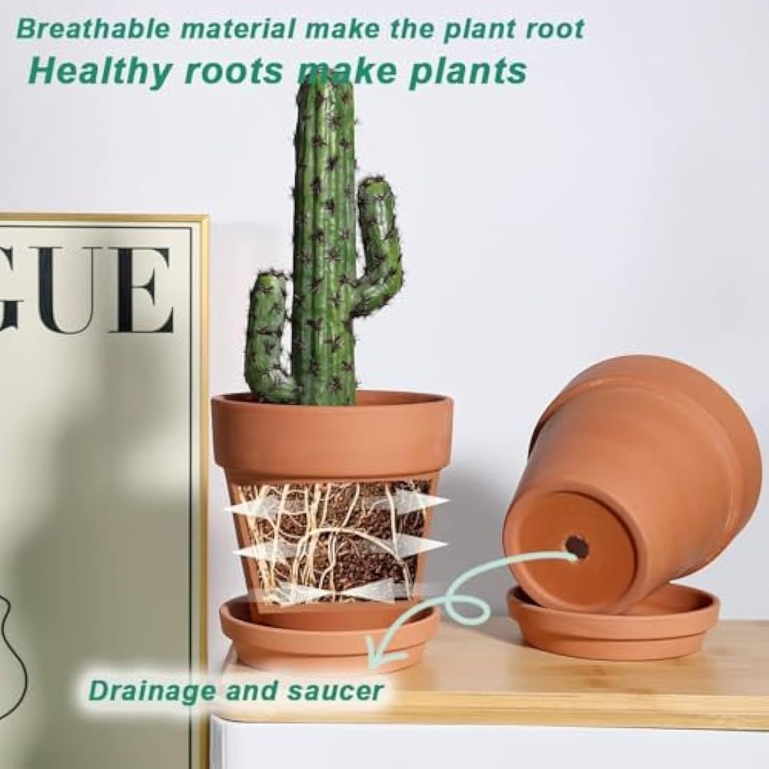 vensovo 15cm Clay Pot for Plant with Saucer - 4 Pack Large Terra Cotta Plant Pots with Drainage Hole, Flowerpot with Tray, Terracotta Planter for Indoor Outdoor Plant