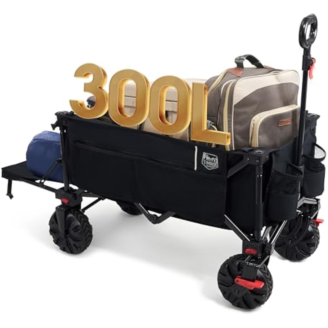 TIMBER RIDGE Festival Trolley 300L with Brakes, Folding Beach Trolley Cart with Tailgate, 135kg Collapsible Wagon Detachable Wide Wheels & Adjustable Handle for Outdoor Camping Garden, Black