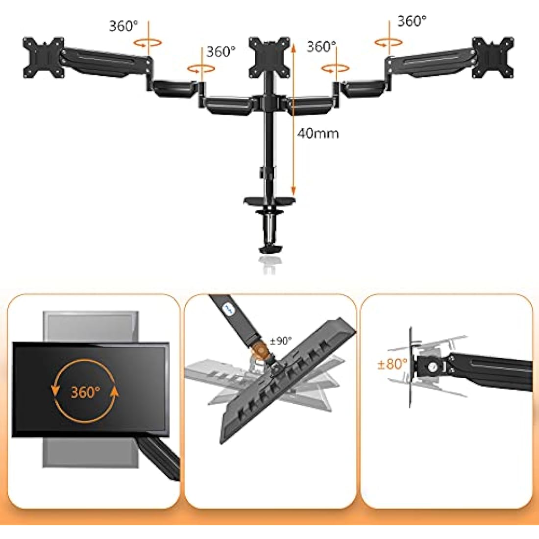 Triple Monitor Mount Stand for 3 Monitors, Adjustable Gas Spring Monitor Arm Desk Mount with Tilt Swivel Rotation for Three 17-27 inch Screens up to 6kg Each, 2 Install Options (MD8003)