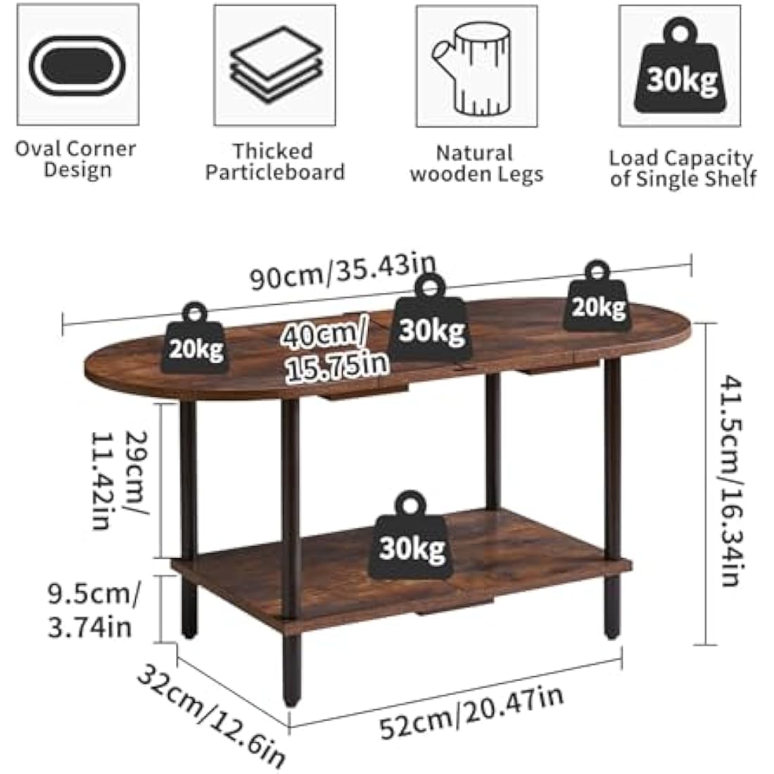 Aibiju Small Coffee Table, Living Room Table, Wooden Coffee Table with 2 Tier Storage Shelves for Living Room/Office, 35x16x17inch Rustic Brown+Black Legs, YD-011H