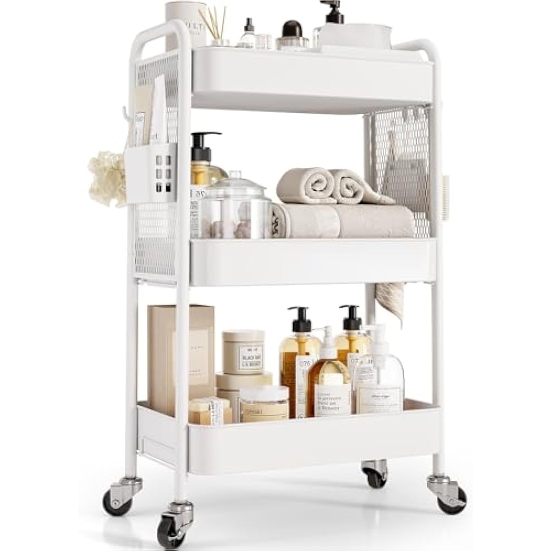Urackify Storage Trolley on Wheels for Variety Applications, 3 Tier Trolley with Extra DIY Pegboards,Handing Bins, and Hooks for Living Room, Kitchen, Bathroom, Office, Classroom, White