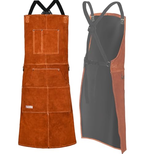 Leather Welding Work Apron - Heat Resistant & Flame Resistant Bib Apron, Flame Retardant Heavy Duty BBQ, Adjustable One Size Fit Most