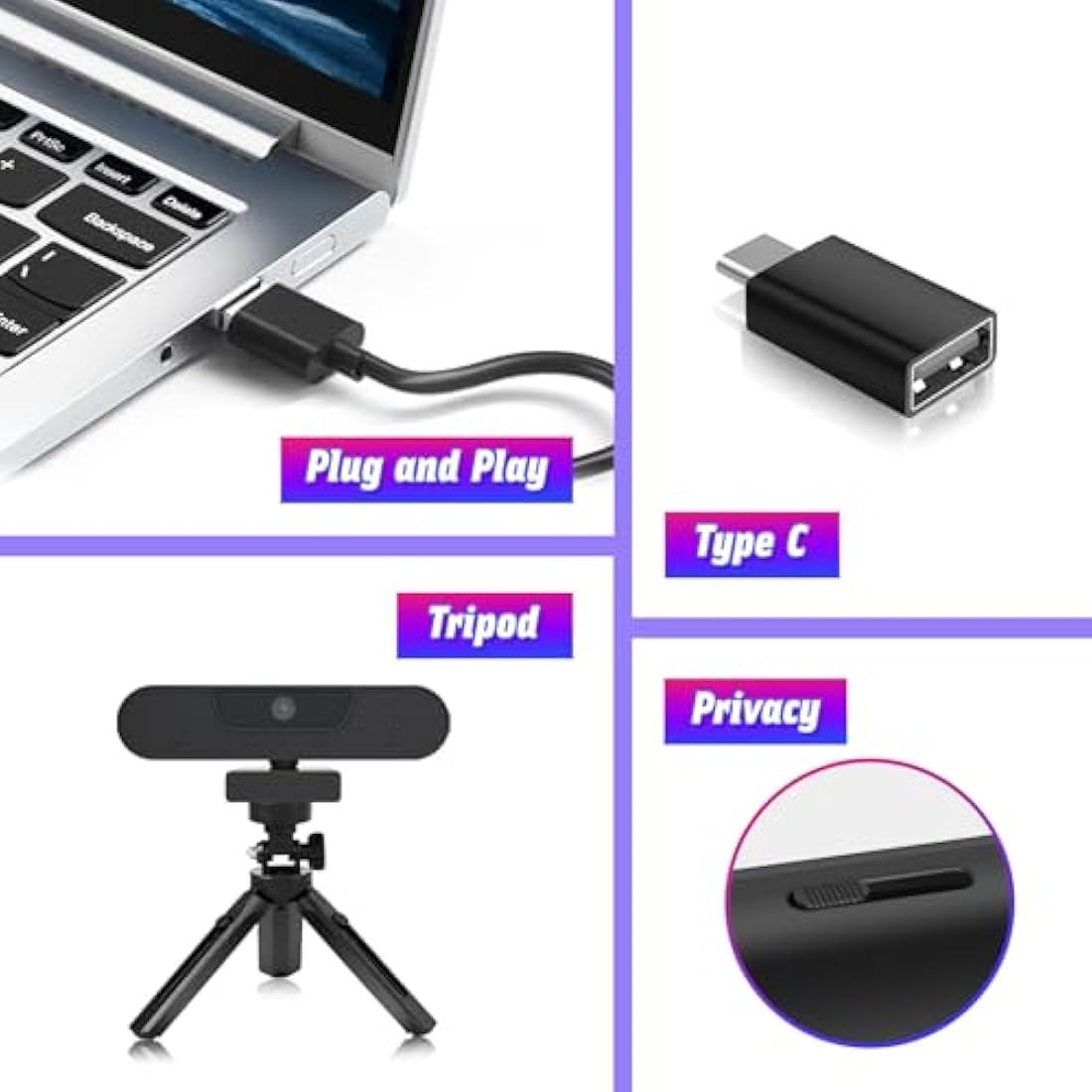 VIZOLINK W8GS 4K Webcam for PC, Webcam with Microphone, Auto Focus, Plug & Play, 85°View, Privacy Cover and Tripod for Streaming, Conferencing, Gaming, Video Calling, Skype,Teams, Zoom,Tablet,Laptop