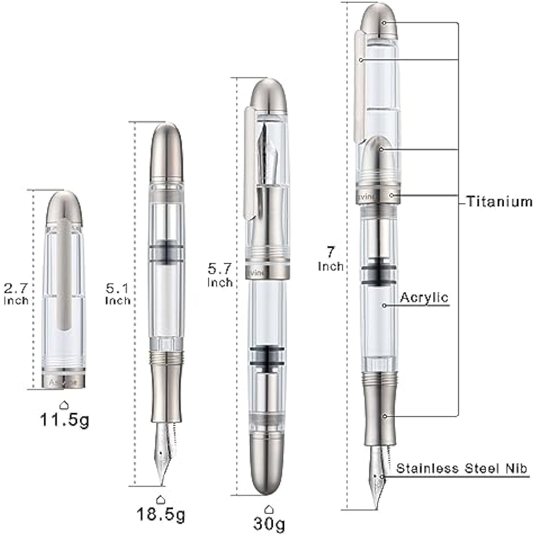 Asvine P36 Titanium Fountain Pen Piston Filling, Extra Fine Nib Clear Transparent Acrylic Smooth Writing Pen Case Set, Torpedo shape