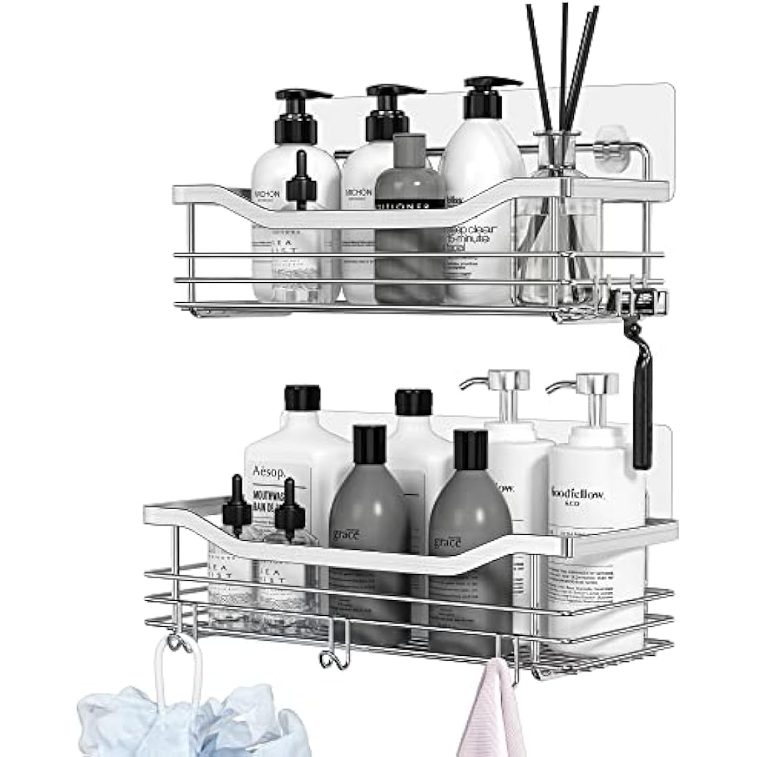 Orimade Shower Caddy No Drilling Stainless Steel Adhesive Shower Shelf for Shampoo Conditioner,Rustproof, 2 Pack (Silver)