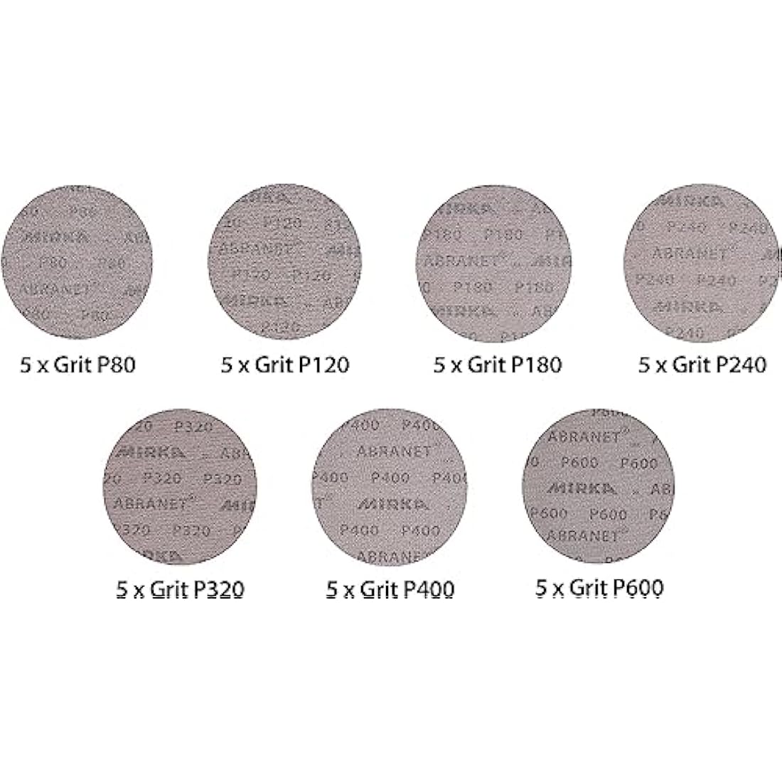 Mirka Abranet net sanding discs Ø 150mm Hook & loop/Mix-pack 5 of each grit 80, 120, 180, 240, 320, 400, 600/35 pcs/Suitable for all 150mm eccentric sanders and sanding machines.