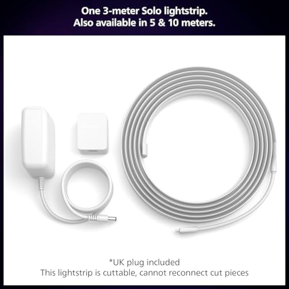 Philips Hue Indoor 3-Meter Smart LED Solo lightstrip (Non Extendable) - 1 Pack - Control with Hue App - Works with Alexa, Google Assistant and Apple HomeKit, Plug Type G, White [Energy Class G]
