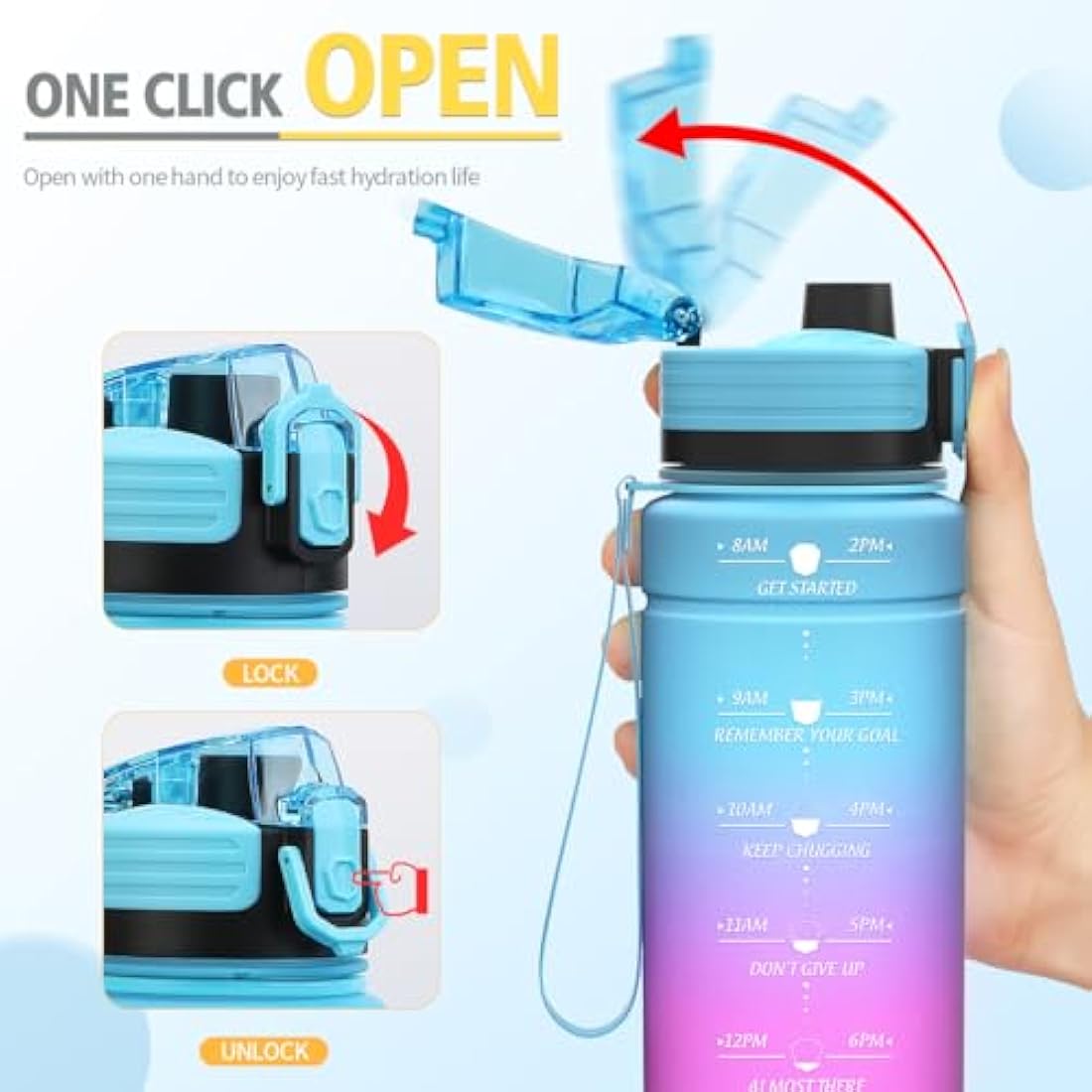 Niggeey Motivational Water Bottle with Time Marker, Sports Bottles 1.5l, 1l, 700ml, 500ml Kids Bottles, Leak Proof BPA Free Tritan Drink for School, Gym and Sport, Cycling, 24oz-bluepurple