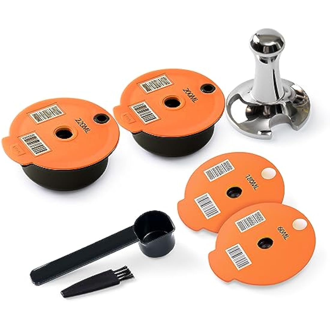 Tassi mo Refillable Pods 200+220ML+Extra Silicone LIDS 60+180ML, Reusable Tassi mo Coffee Pods for Bosch Machine, BENFUCHEN Reusable Tassi mo Pods with A Stainless Steel Coffee Tamper, Orange