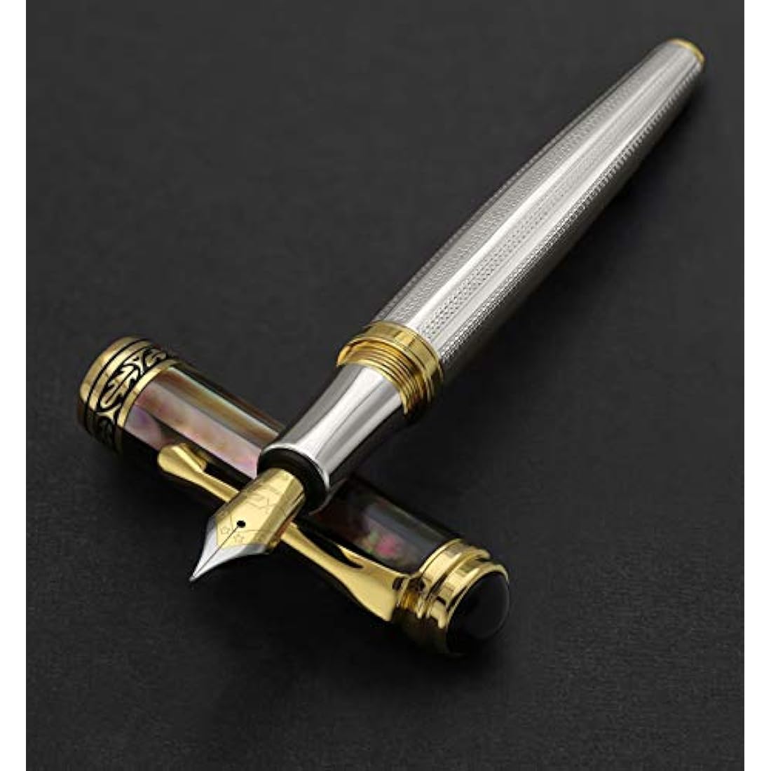Xezo Maestro Fountain Pen, Fine Nib. Solid 925 Sterling Silver and Tahitian Black Mother of Pearl with 18 Karat Gold Plating. Handcrafted, Limited Edition, Serialized