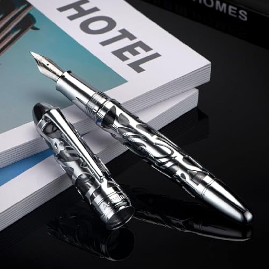 Asvine P80 Piston Filling Fountain Pen Fine Nib, Spider Skeleton Transparent Gray Acrylic Pen Case and Wrench Set
