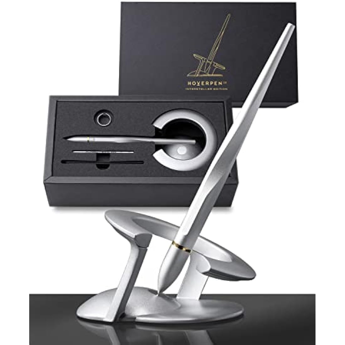 novium Hoverpen Interstellar Edition - Luxury Pen Made With Aerospace Alloys, Unique Aesthetic, Free Spinning Executive Pen, Desk Decor, Best Boss Gifts for Women (Starlight Silver, 18K-Gold)