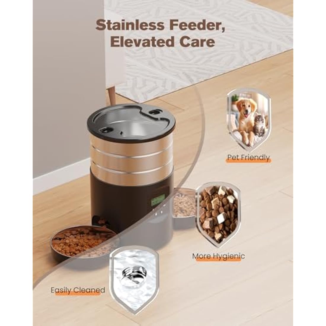 Automatic Cat Feeder For 2 Cats - Stainless Steel Cat Food Dispenser for Fresh Dry Food with Timer - 5L Electric Pet Feeder with Double Bowls Indoor- Auto Small Dog Feeder Dual Power - Button Control
