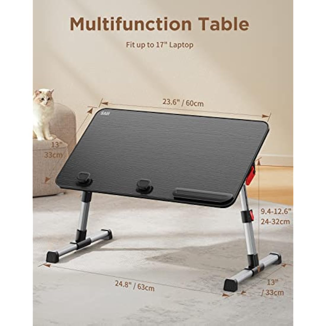 SAIJI Table, Height Adjustable Bed Table, with 4 Adjustable Angles, Foldable Laptop Desk, for Sofa Couch Floor Work Study Reading Writing Breakfast, Fits up to 17'' Laptop (60 x 33 cm, Black)