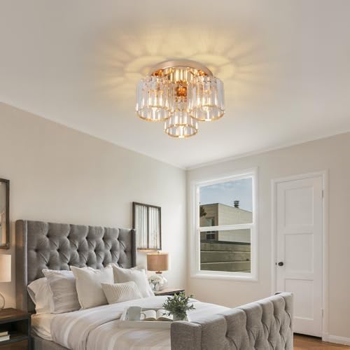 ZYDTRIP Crystal Chandeliers Ceiling Light, 3-Lights Crystal Ceiling Lights Living Room, Modern Gold Semi Flush Light Fittings for Bedroom, Hallway, Bathroom, Foyer, Kitchen Light Fixture