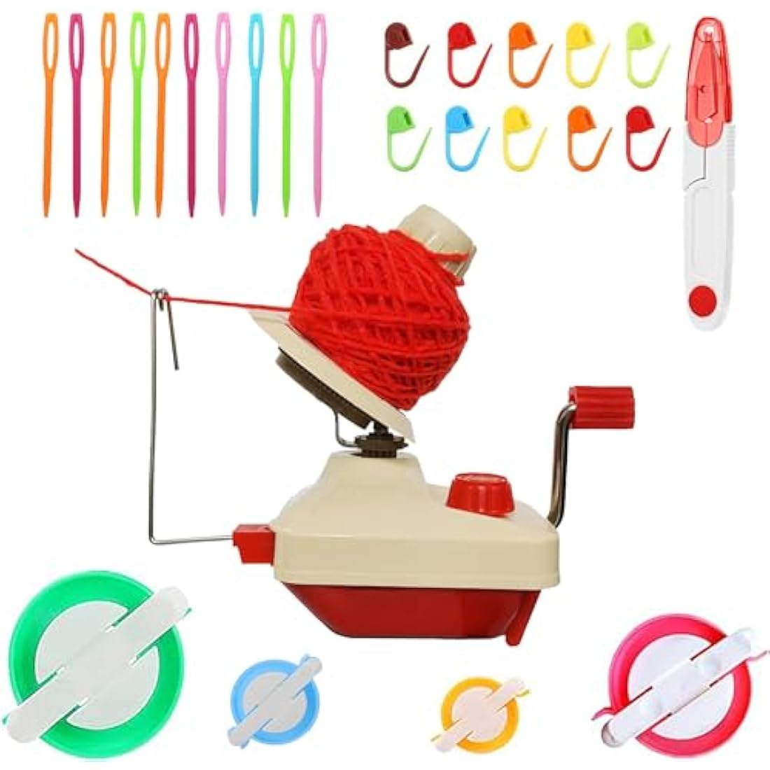 Ball Winders, Yarn Knitting Loom Crochet Swift Yarn Fiber String Ball Wool Winder DIY Tool Kit, 1Yarn Ball Winder+4Pompom Maker+10PS Knitting Stitch Markers+10PS Plastic Needles+1PS Scissors (26)