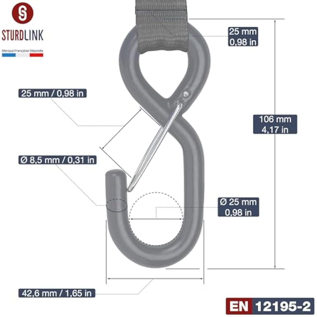 Automatic Ratchet Strap 3m 25mm S-Hook with Latch LC 300daN / 600daN U-Shaped | Automatic Strap Winder | Ideal Attachment Equipment for Trailer Motorcycle Quad Auto | Set of 4 + Bag | EN 12195-2
