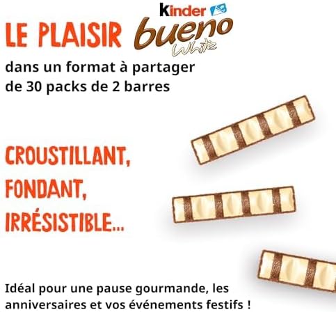 Kinder Bueno White Wafer Twin Bars, Bulk Chocolate Gift Pack, Milk Chocolate Covered Wafer with Milky and Hazelnut Filling, Pack of 30 x 2 (60pcs)