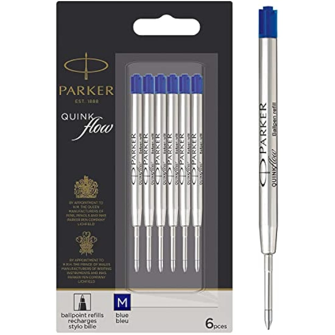Parker Ballpoint Pen Refills | Medium Point | Blue QUINKflow Ink | 6 Count Value Pack