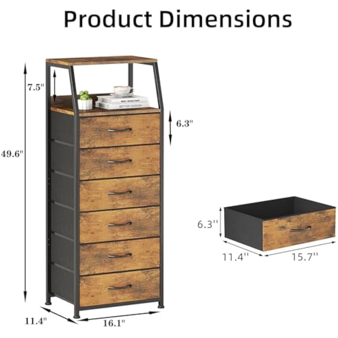 CAIYUN Chest of Drawers Bedroom with 6 Drawers, Tall Fabric Dresser with Shelf, Fabric Dresser for Entryway Hallway Living Room, Closet Storage Drawer, Rustic Brown