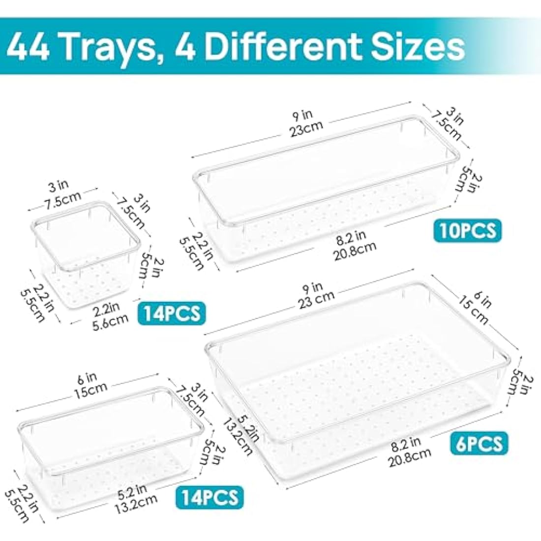 Vtopmart 44 Pack Drawer Organiser, 4-Size Desk Organiser Drawers, Clear Plastic Storage Bins for Makeup, Bedroom, Kitchen Gadgets Utensils and Office