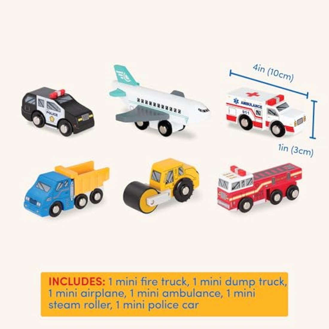 Battat – Miniature Toy Cars – 6 Pieces Wooden Minis – Classic Rescue & Construction Vehicles – Steamroller, Dump Truck – 3+ Years– Wooden Vehicles Set 2
