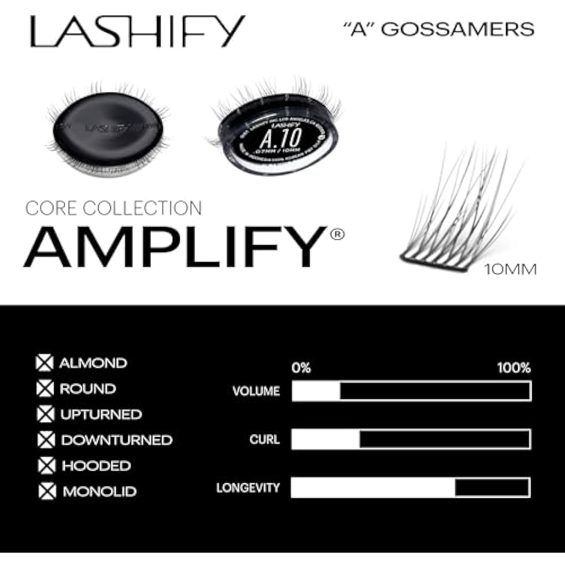 Lashify Amplify 10mm Gossamer DIY Eyelash Extensions Refill, Black, Easy False Eyelashes for a Natural Look