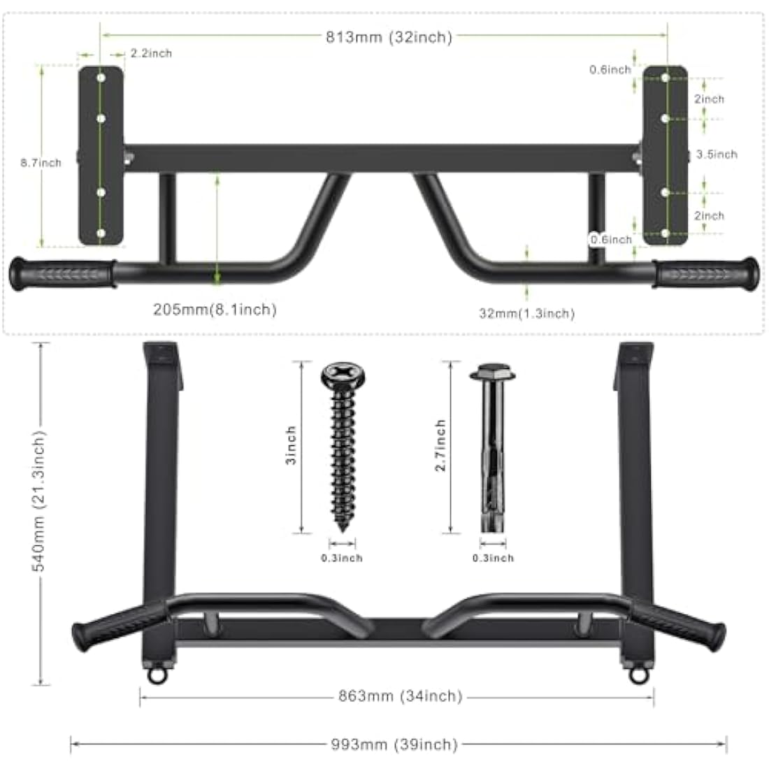 Kipika 32" Ceiling Mounted Pull Up Bar - Heavy Duty, Highly Adjustable, Multifunctional Chin Up Bar - Home Gym System with Punching Bag Hanger and Resistance Bands Training