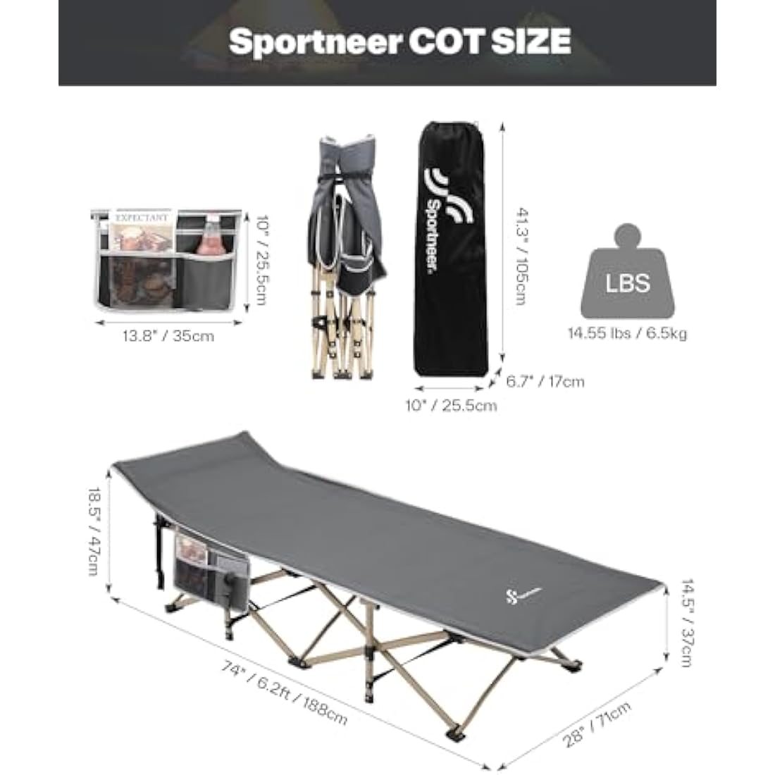 Sportneer Camp Beds for Adults with 1.5" Thick Mattress, Camping Bed 74 * 28" Extra Wide Support 450lbs for AdultsTravel Fishing Picnic Outdoor