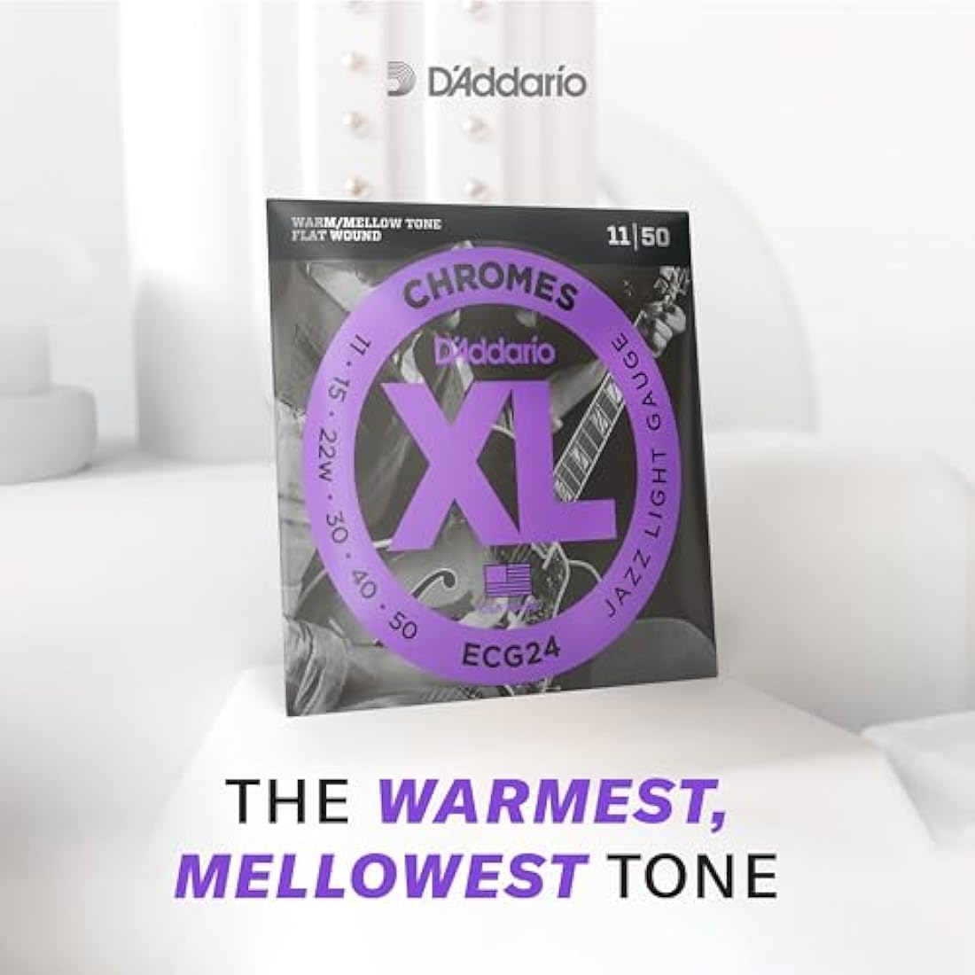 D'Addario Guitar Strings - XL Chromes Electric Guitar Strings - Flat Wound - Polished for Ultra-Smooth Feel and Warm, Mellow Tone - ECG25 - Light, 12-52, 1-Pack