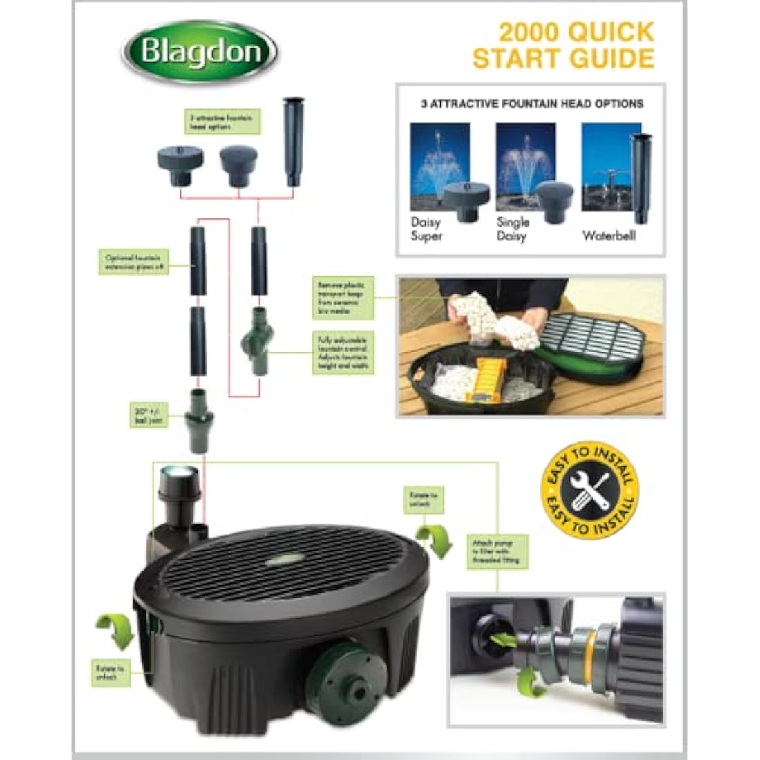 Blagdon Inpond 5-in-1 2000 Easy Care Clean Pond Solution, 10w Pond Pump & Filter with UV Clarifier for Algae Control and Clear Water, LED Light, 3 Fountain Heads, for Ponds Up to 2,000L, Black