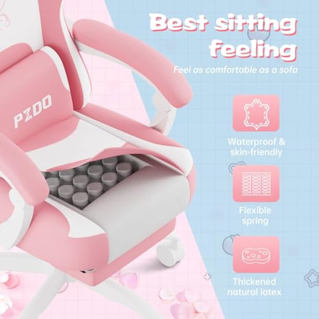 PZDO Pink Gaming Chair,High Back Computer Chair with Footrest, Kawaii Gaming Chairs for Girls Adults Women Kids, Reclining Chairs with Bunny Ear & Lumbar Support, Gift(Pink-White)