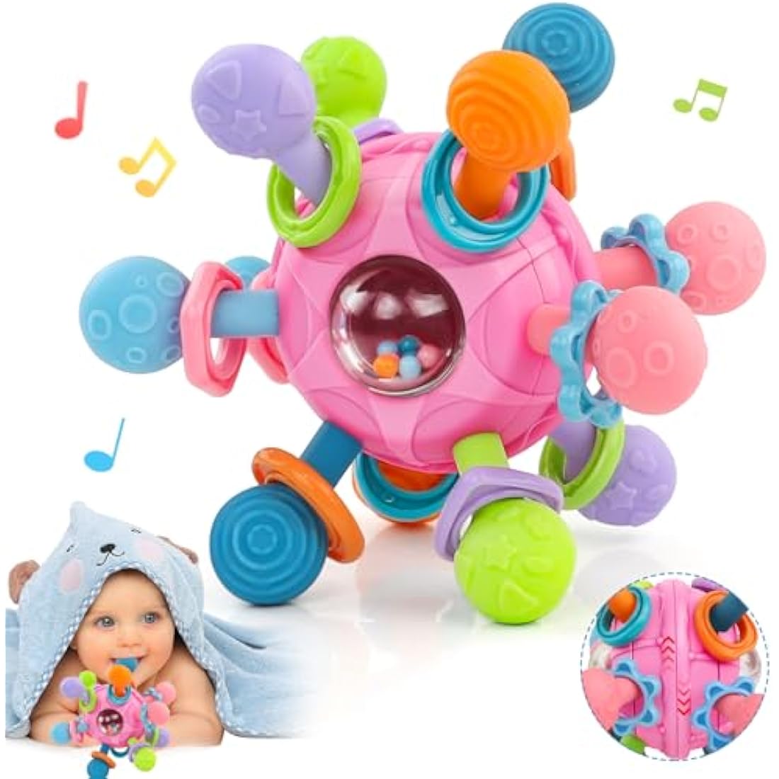 Baby Toys 0-6 Months Sensory Montessori Toys for Babies 6-12 Months Baby Rattle Teether Toy Shaker Grab Spin Newborn Toy Gift for 8 9 Month Babies Toddler Boys Girls Christmas(Pink)