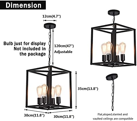 Qcyuui Vintage Lantern Pendant Light, Industrial Metal Cage Foyer Chandeliers Ceiling Lamp, 4-Light Black Hanging Pendant Lighting Fixture for Kitchen Island Farmhouse Hallway, E27