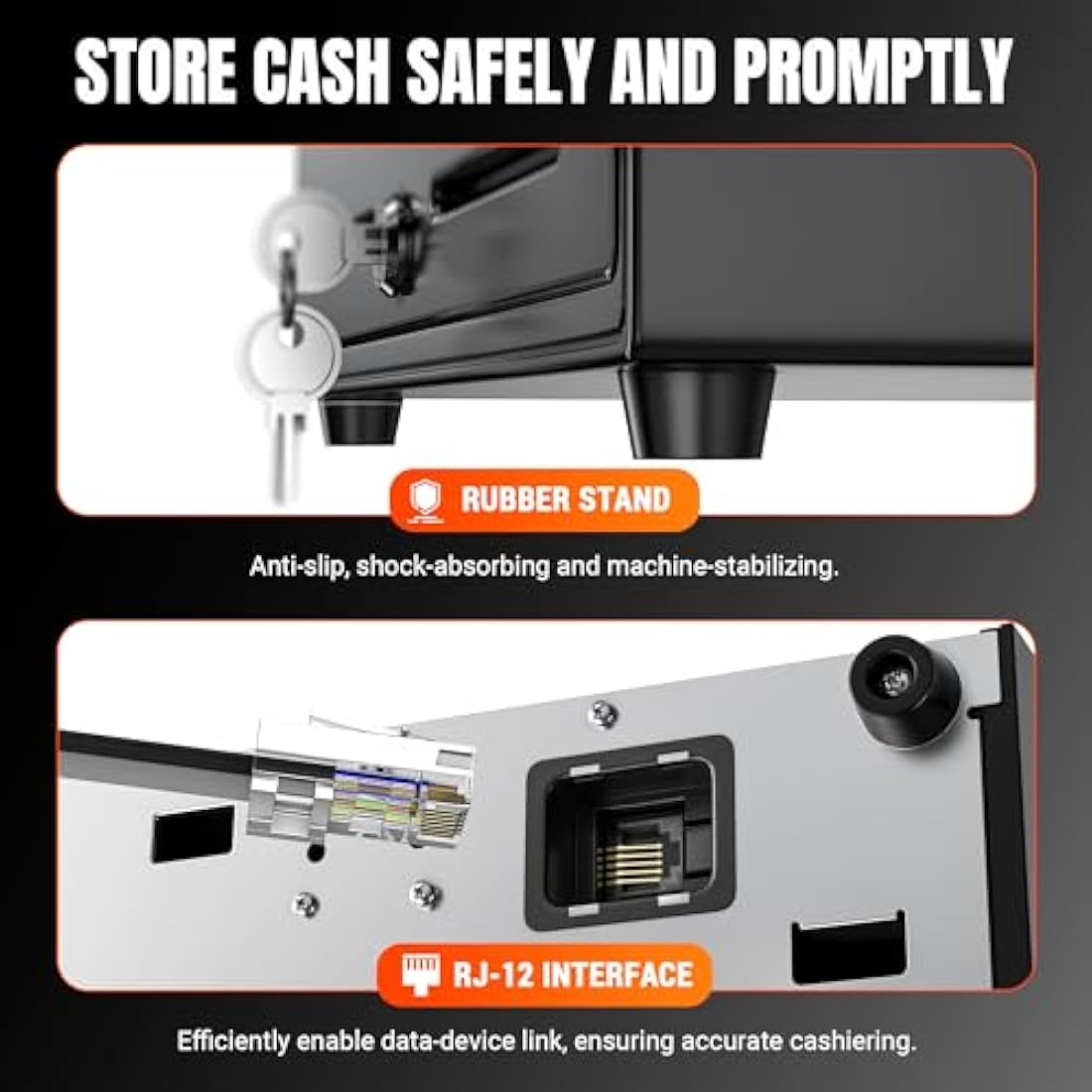 Tera 13" Cash Register Drawer Auto Open with 3 Bill 8 Coin Cash Tray 6 Keys Removable Coin Compartment Key-Lock 24V RJ12 Interface Media Slot for Point of Sale POS System Shop Business 330G