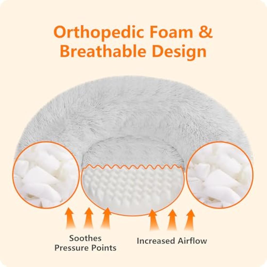HMTOPE Dog Bed Round Orthopedic Dog Cushion Egg Crate Foam Dog Sofa Cat Bed Donut Cosy Dog Basket Washable, 70 cm Ø, Light Grey