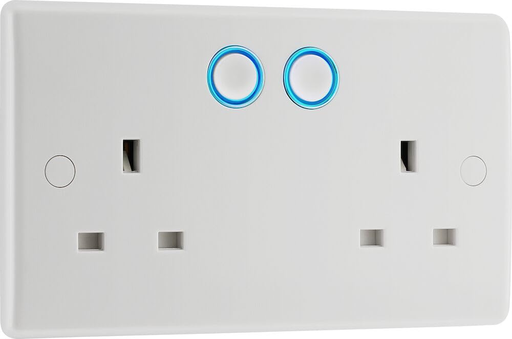BG Electrical Double Switched Power Wall Plug Socket with Smart Home Control, Touch, Voice or App Control, Timer Function, Security Options, Round