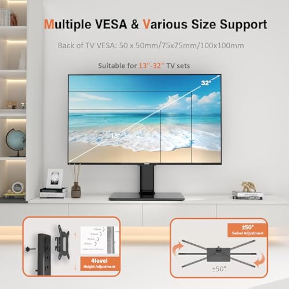 Universal Swivel TV Stand/Base Table Top TV Stand for 13 to 32 inch TVs with 100 Degree Swivel, 4 Level Height Adjustable, Heavy Duty Tempered Glass Base, Holds up to 35kg HT07B-001P
