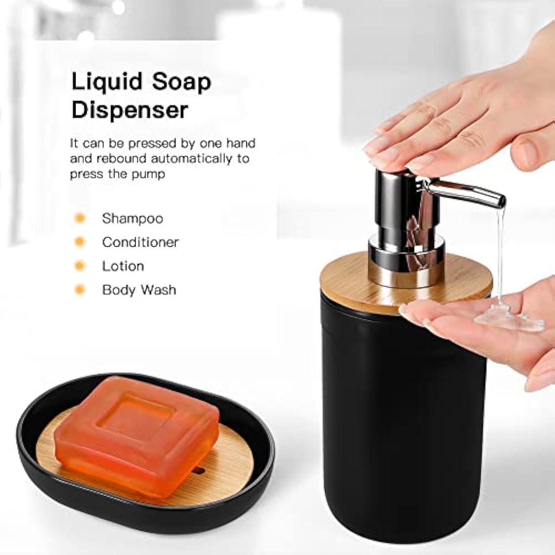 JOTOM 7 Pieces Bamboo Bathroom Accessories Bathroom Accessory Set Luxury Plastic Bath Accessories Set Toothbrush Holder Tumbler Toilet Brush Qtip Holder Soap Dish Trash Can Soap Dispenser (Black)