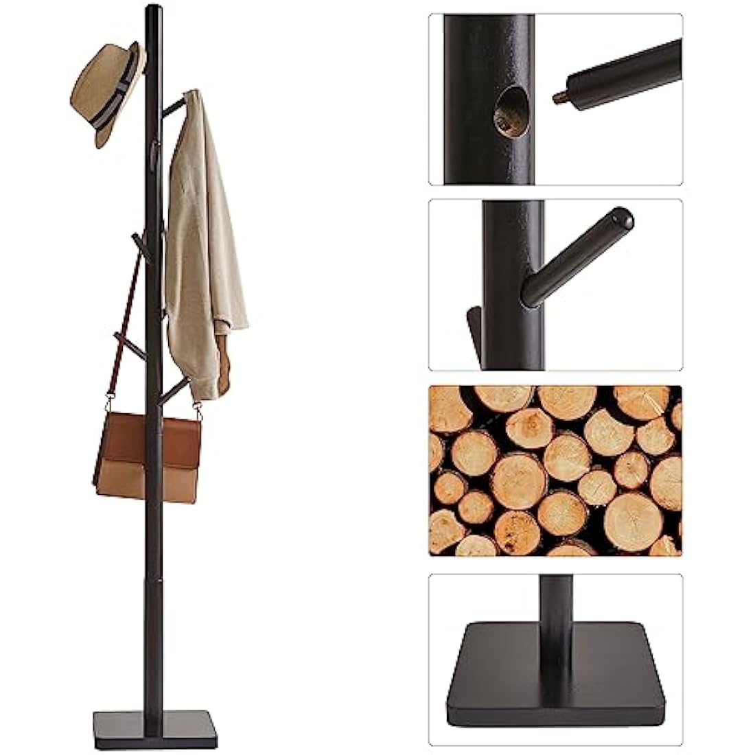 YMYNY Coat Rack Stand with Square Base, Wooden Coat Tree, Hall Tree Free Standing with 8 Hooks, Clothes Stand for Coats, Hat, Handbag, Umbrella, for Office, Hallway, 29 x 29 x 176CM Black HCR002B