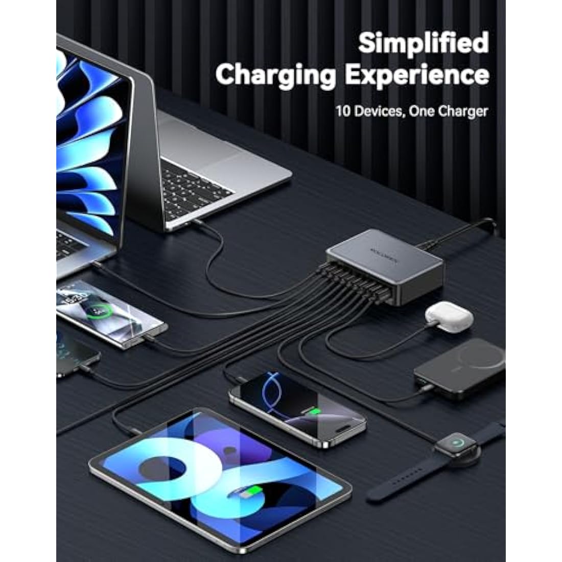 Rocoren 480W GaN USB C Charger Multiple, 10-Port PD100W QC4.0 PPS 4-Laptop Charger Station with 1.5m UK Extension Cord Compatible with MacBook, HP, iPad, iPhone, Sumsung Galaxy and More USB C Laptops