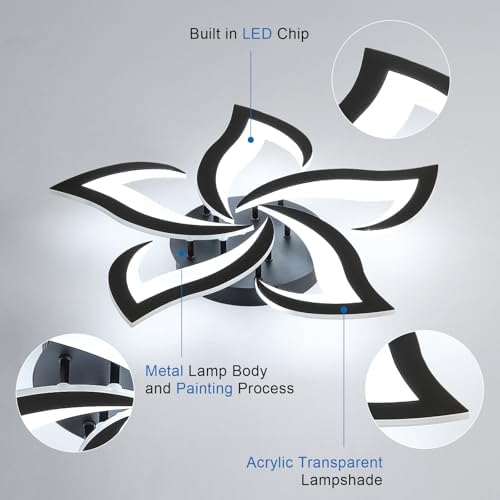 Comely Ceiling Lights Bedroom, LED Ceiling Lights 60W 6750LM, Cool White 6500K, Acrylic Petal Design Mordern Ceiling Lighting for Living Room Bedroom, Black (Dia 60cm)