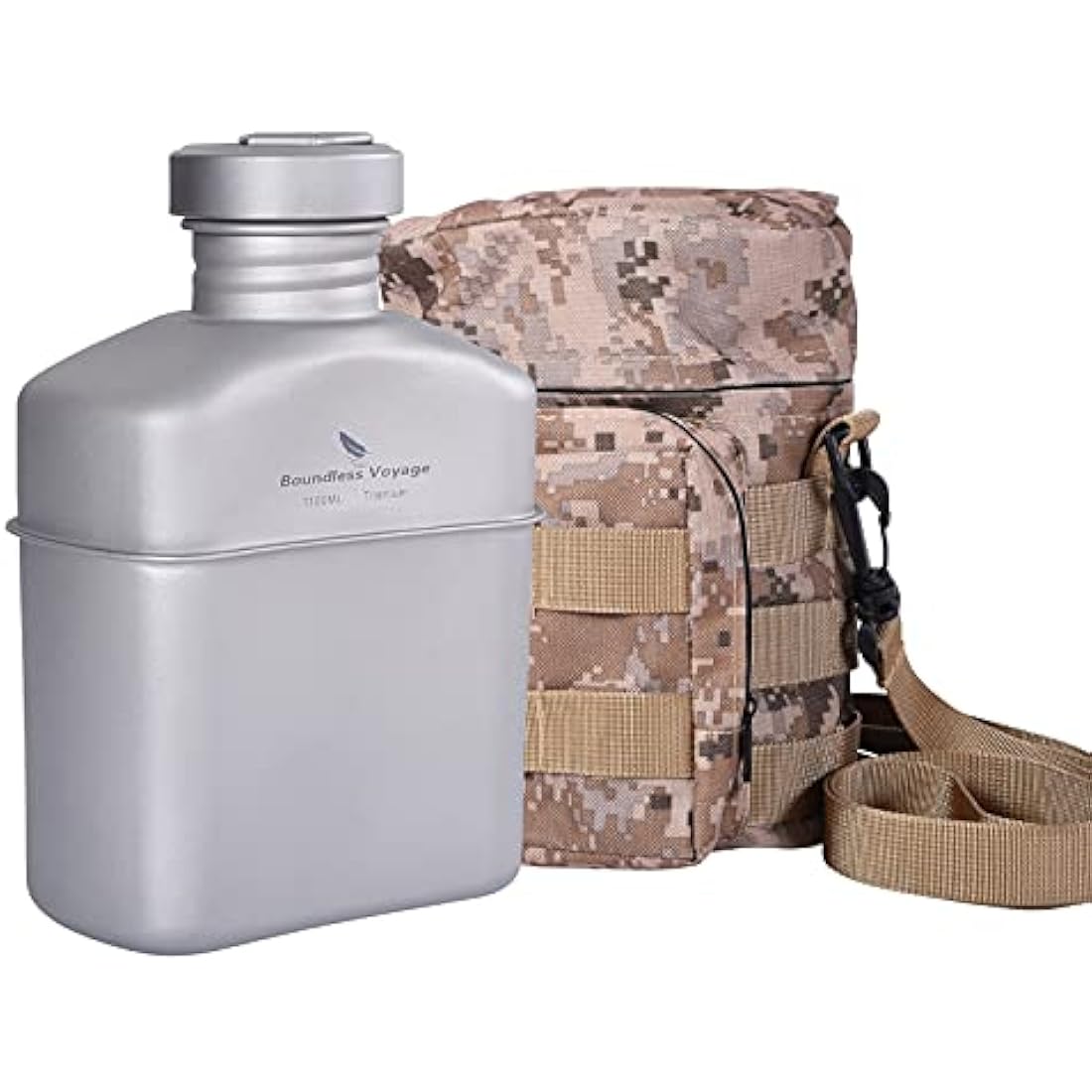 Boundless Voyage Titanium Military Canteen with Carry Bag Outdoor Camping Big Capacity Water Bottle Cup Pot Mess Kit 1100ml Ti15158A
