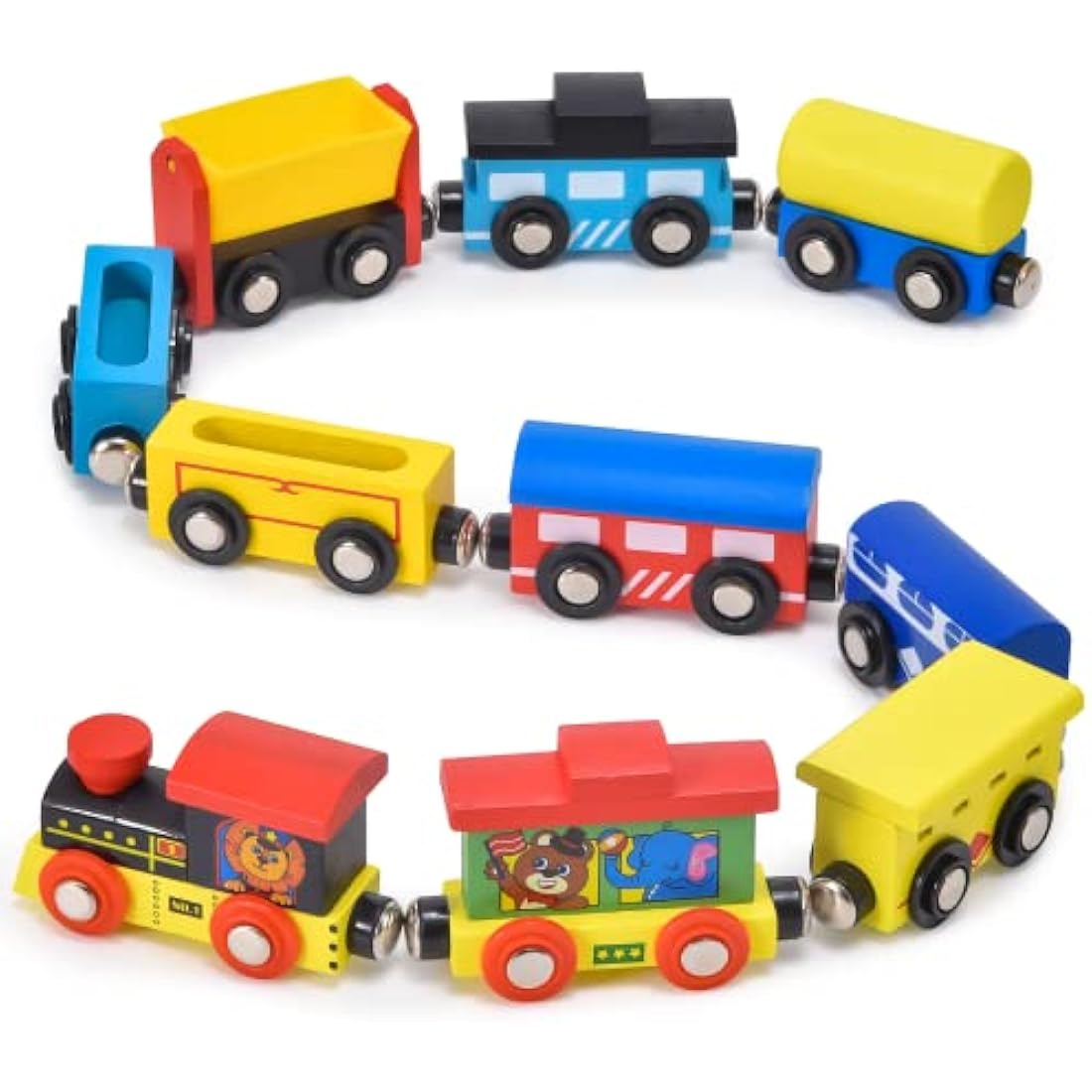 Atoylink Animals Wooden Train Set Toys Engines Cars Magnetic Collection of Vehicles Montessori Educational Toys Preschool Learning Toys Gifts for Kids Toddler Boys Girls 1 2 3 4 5 6 Years Old 12Pack