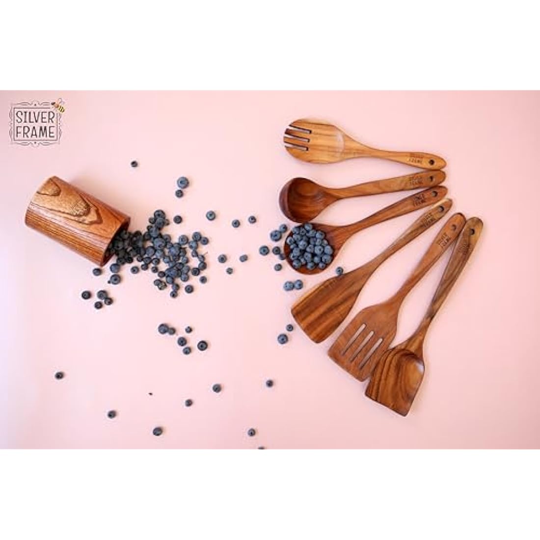 Silver Frame Wooden Spoons for Cooking, Utensils Set with Kitchen Holder -7 pcs of Teak Wood Cooking Utensils Set, Wooden Kitchen Utensils for Nonstick Pans and All Kind of Cooking