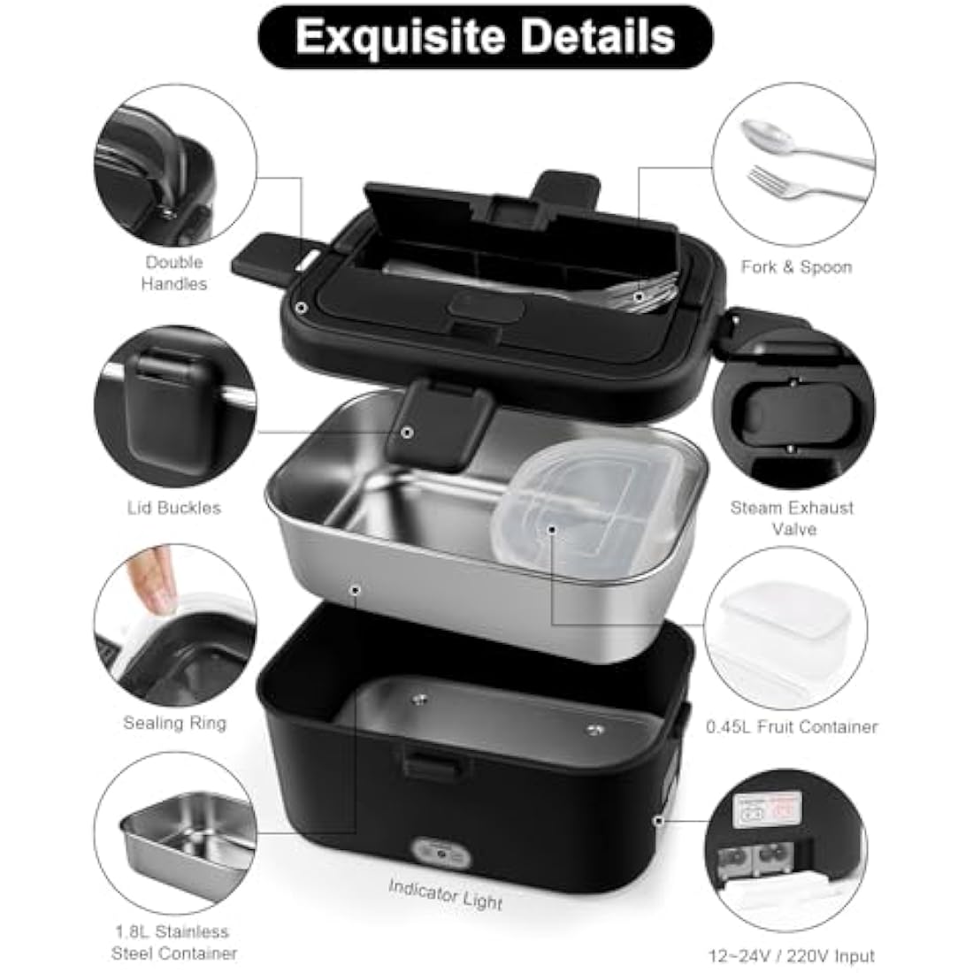 AUTOPkio Electric Lunch Box 1.8L 80W, 12V 24V 220V Upgraded Heated Lunchbox Large Heating Food Warmer with Carry Bag Fork Spoon for Car Truck Office (Black)