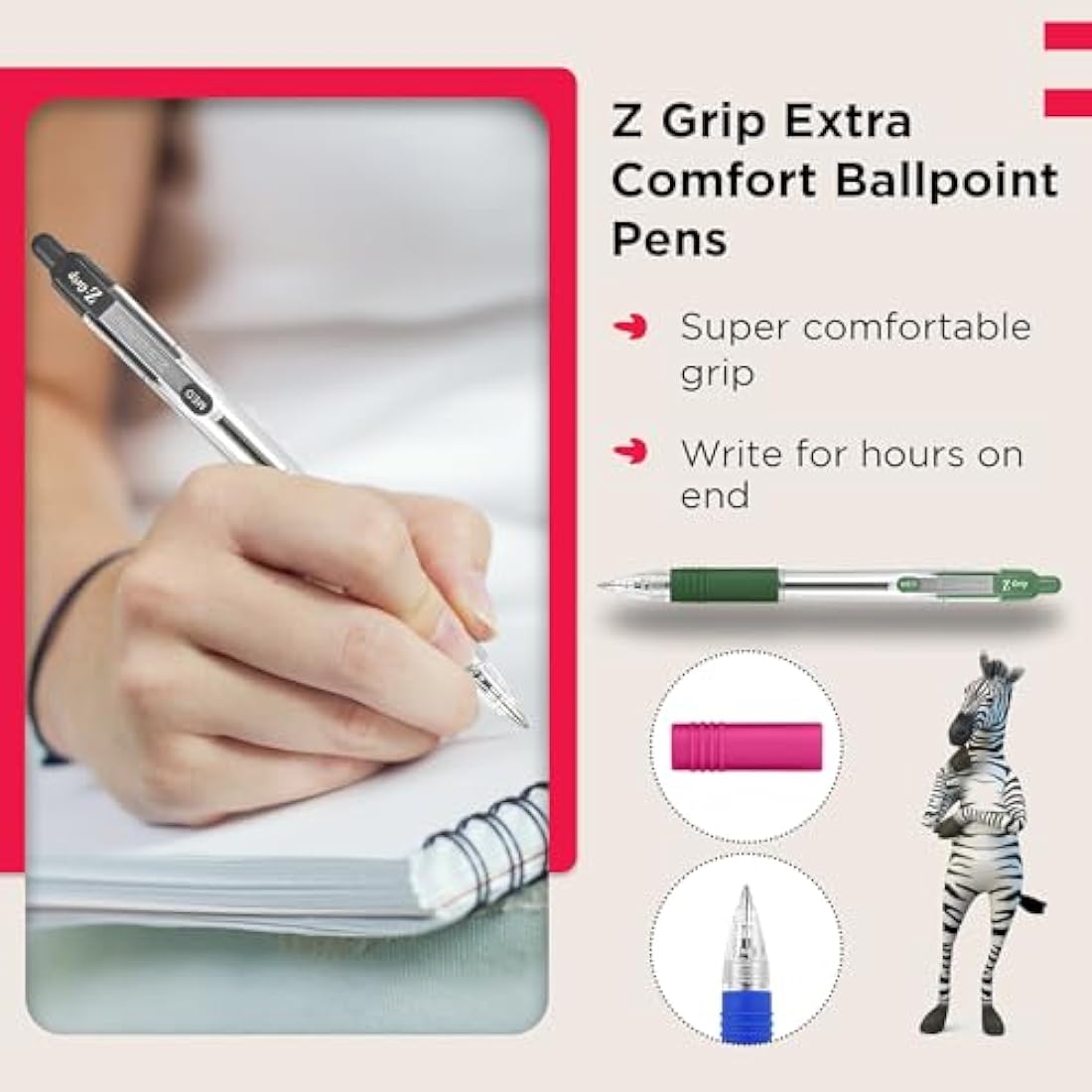 ZEBRA Z GRIP Assorted Ballpoint Pens, Retractable with Smooth Ink, Comfortable Grip and Pocket Clip Reliable Biro Medium Point 50 Pack 5 Assorted Colours