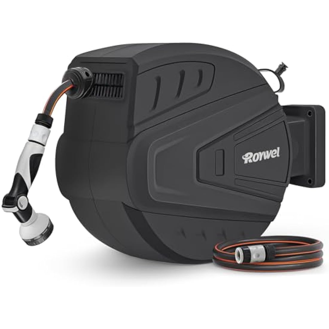Roywel Auto Reel Garden Hose 30M，Hose Reel Wall Mounted，Auto Rewind, Self-Locking System,180° Pivotal with Multifunction Spray Nozzle