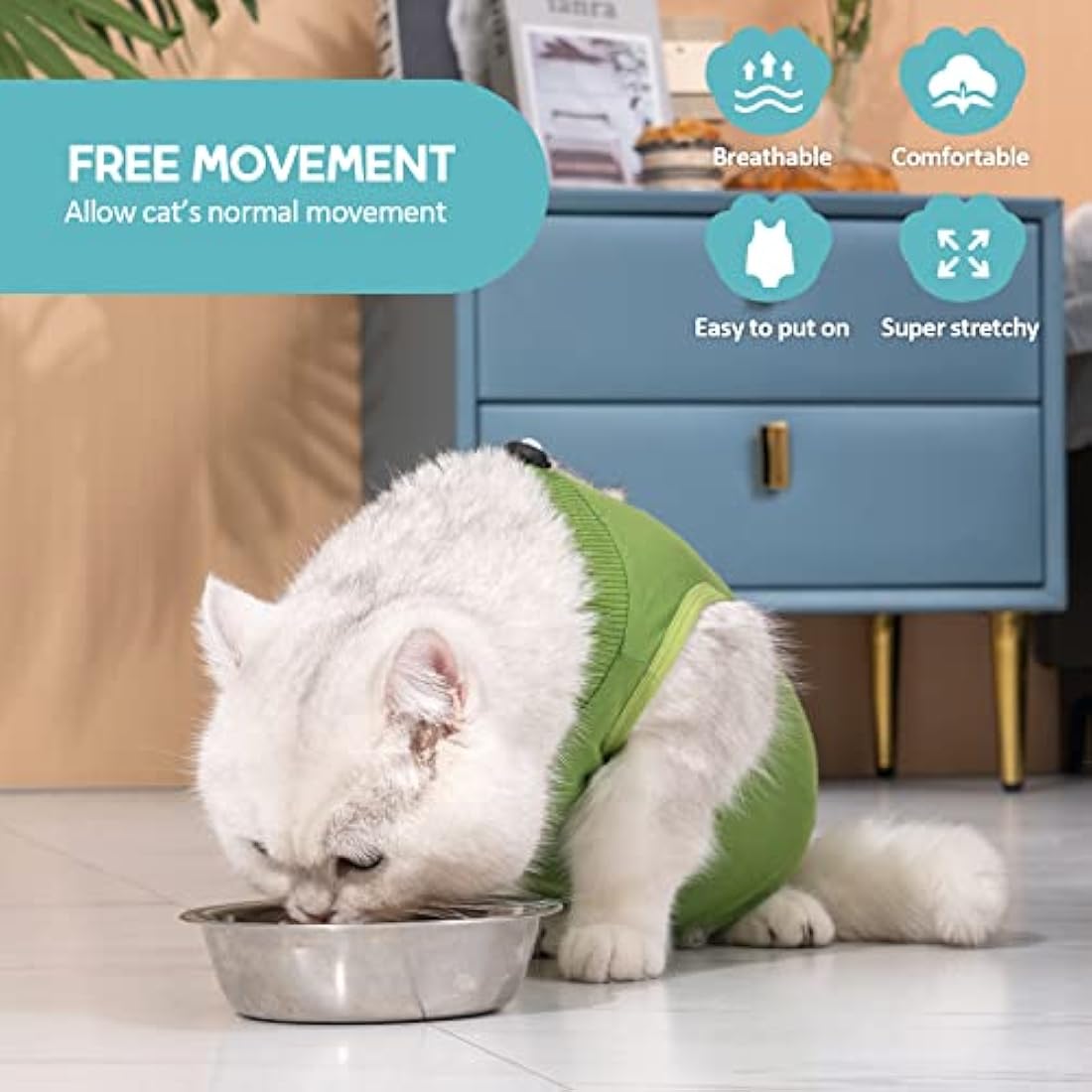 Avont Cat Recovery Suit Post Surgery, Elizabethan Collar & Cone Alternative, Kitten Onesie Pet Surgical Spay Shirt for Abdominal Wounds or Skin Diseases -Green (M)
